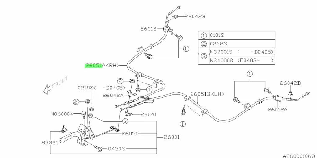 26051FE080 Subaru Hand Brake Cable WRX R/H 2004-2007