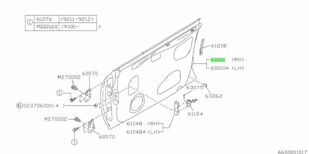 61100FA001 Subaru GC8 Front Door R/H 4 Door 1993-2001