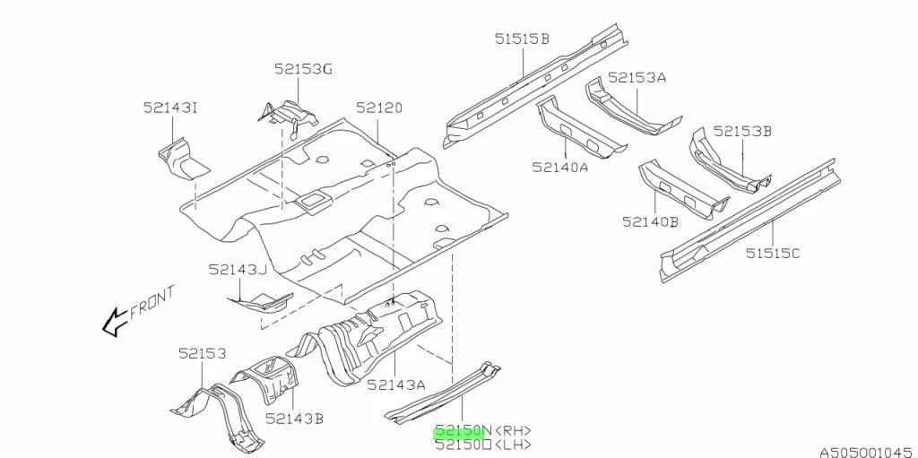52150FE160 Subaru Front Floor Side Rail R/H Rear 2004-2007