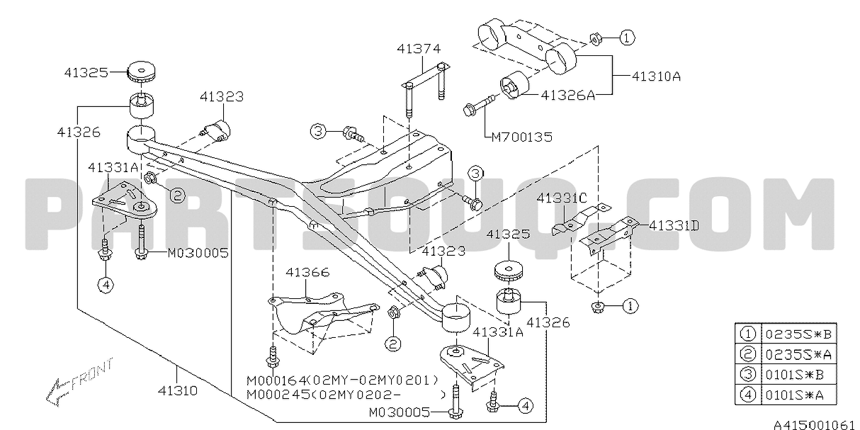 41322FE020 Subaru Bush Rear Diff T Bar Mount R/H 01-07