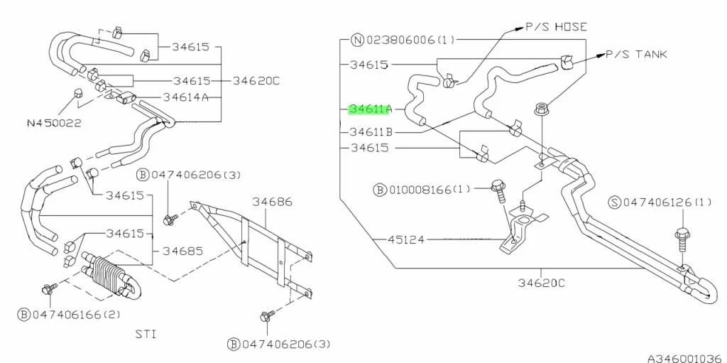 34611FA101 Subaru PAS Oil Cooler Hose 1996-2000