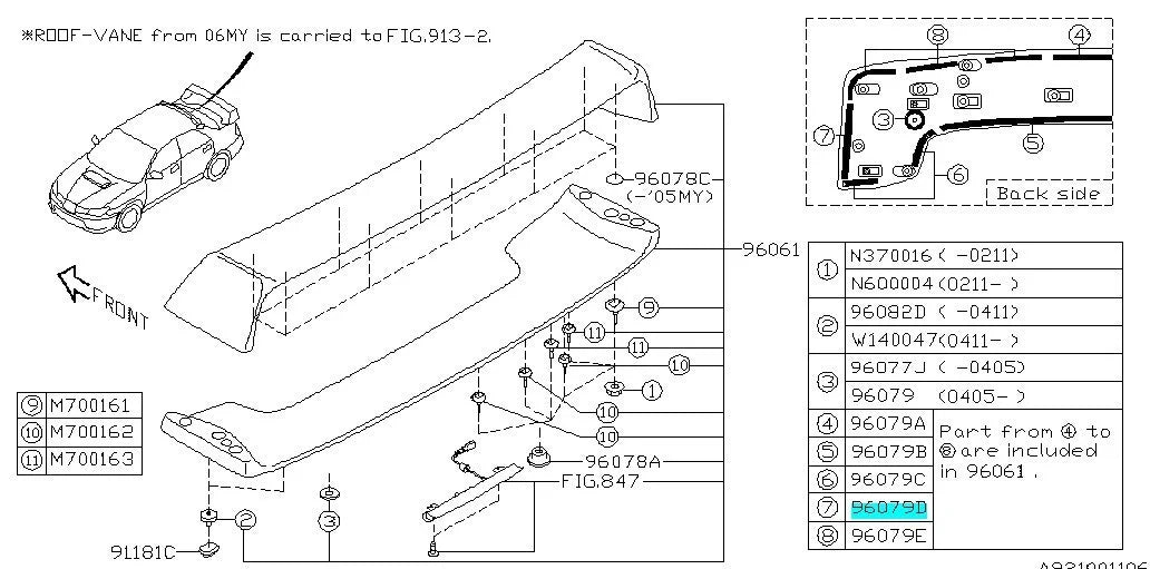 96077FE110  Subaru Rear Spoiler Packing (D) 2001-2007