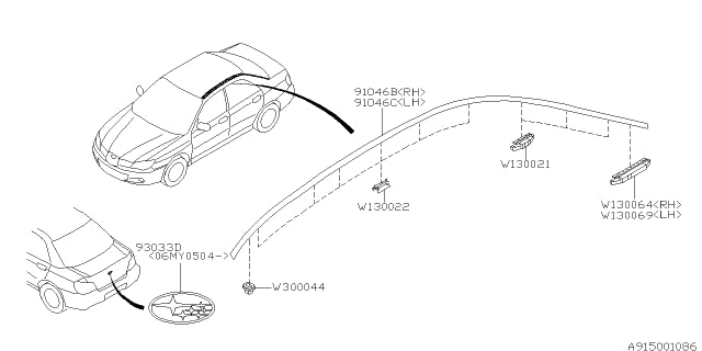 91046FE071 Subaru Roof Moulding L/H 2001-2007